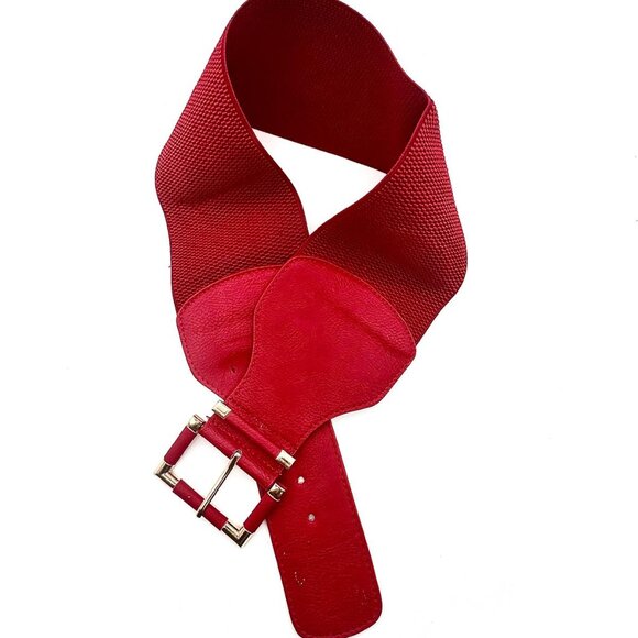 New Women Red Elastic Wide Fashion Belt Hip High Waist Gold Square Buckle S M - Picture 11 of 16